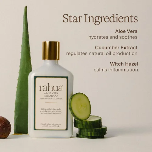 Vista 4 de Rahua Champú de aloe vera – Restaurador e hidratante – Limpia, elimina la acumulación y calma el cuero cabelludo sensible – Pepino, Hamamelis