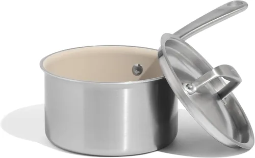 Vista 8 de Made In Cookware - 2 QT CeramiClad Non Stick Saucepan with Lid (Antique Brass Handle) - 5-Ply Stainless Clad with Stay-Cool Handle - Professional