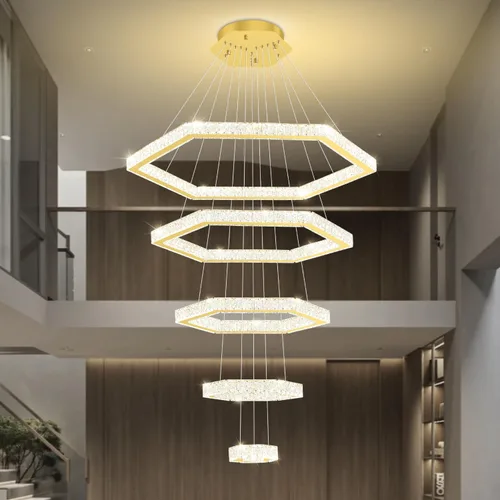 Vista 7 de Lámpara de araña moderna de 5 anillos de oro larga de cristal para techo alto, forma de altura ajustable, regulable 8 pulgadas + 16 pulgadas + 24