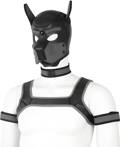 Vista 9 de BaronHong Kit de máscara de cabeza completa de neopreno para perro, disfraz novedoso con cuello y correa Negro