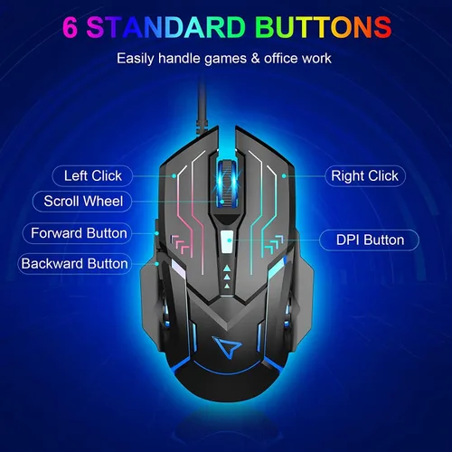 Vista 5 de GK-XLI Mouse para juegos con cable, RGB para computadora con cable USB con modo de retroiluminación Chroma, mouse ergonómico DPI ajustable de alta