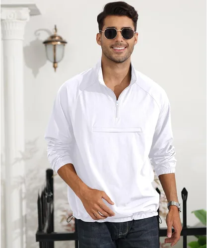 Vista 2 de Aulemen Suéter casual con cremallera de un cuarto para hombre, chaqueta ligera atlética, para senderismo, golf, cuello alto falso con bolsillos