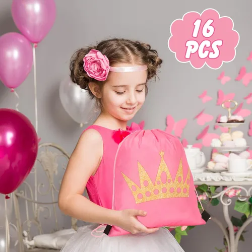 Vista 5 de Funtery 16 bolsas temáticas de princesa, regalos de princesa, bolsas rosadas con cordón para regalo de cumpleaños, regalos de boda, suministros