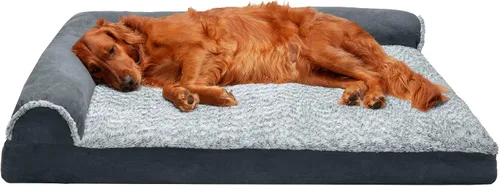 Vista 22 de Furhaven - Cama para perro de espuma viscoelástica, estilo diván en forma de L, de felpa y estampado de almendras, almendras azules, talla jumbo