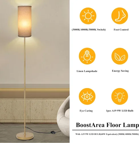 Vista 2 de Boostarea - Lámpara de pie para sala de estar con bombilla de 3 temperaturas de color, lámparas de pie industriales, lámpara alta clásica dorada