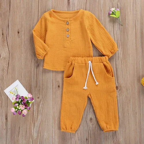 Vista 2 de Karuedoo Conjunto de pantalones de lino de algodón para bebé, niño, niña, camiseta de manga larga, con cordón, cintura elástica