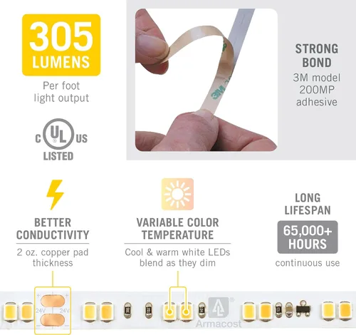 Vista 4 de Armacost Lighting RibbonFlex Pro 185250 - Cinta de luz LED blanca de 24 V, atenuada a cálida, 32 pies (32.8 ft)