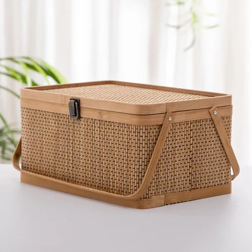 Vista 2 de Alipis Cesta de bambú con tapa, cesta de picnic de bambú con tapa y asa, cesta de almacenamiento tejida, cesta de pan de frutas, organizador