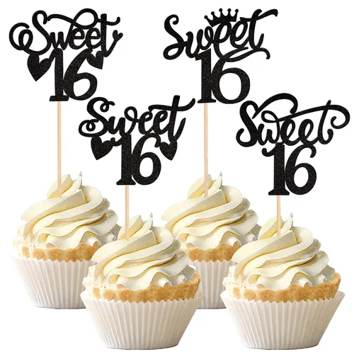 Vista 8 de 1 pieza de decoración de pastel de 16 años con purpurina de luna y estrella de luna feliz 16 cumpleaños, decoración para tartas de cumpleaños de 16