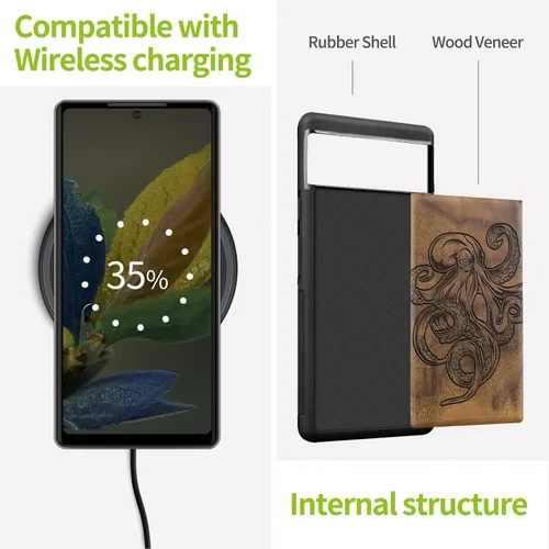 Vista 5 de Carveit Funda de madera para Pixel 6a [madera natural y TPU suave negro] a prueba de golpes, funda de madera única compatible con Google Pixel 6a
