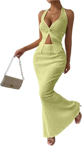 Vista 6 de SOLY HUX - Conjunto de dos piezas de verano para mujer, con parte superior tipo camisola con cuello halter, nudo frontal y falda marrón (Plain Brown)