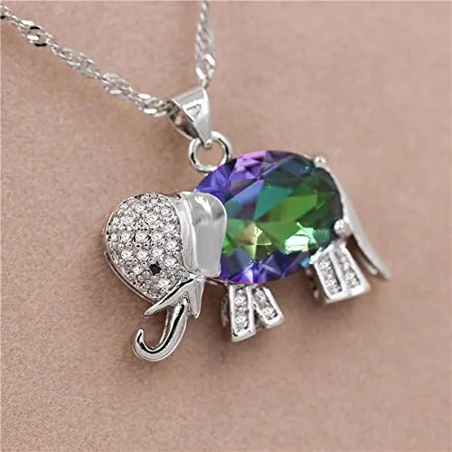 Vista 5 de Uloveido Collar colgante de elefante de la suerte de topacio místico arco iris regalos día N1154