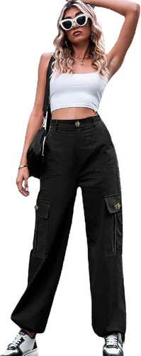 Vista 4 de Pantalones cargo de cintura alta para mujer, holgados, pierna ancha, pantalones casuales Y2K con 6 bolsillos, cordón en los tobillos, color negro