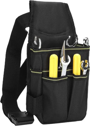 Vista 4 de Cyrank Bolsa de herramientas de tela Oxford, mini organizador con clip para cinturón, bolsa multifuncional portátil para cinturón para electricista
