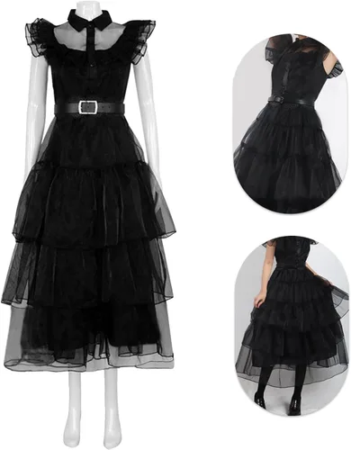 Vista 2 de HNZQE Disfraz de miércoles para mujer, vestido gótico negro, cosplay, cuervo, baile, falda de encaje de tul, traje de fiesta de Halloween para niña