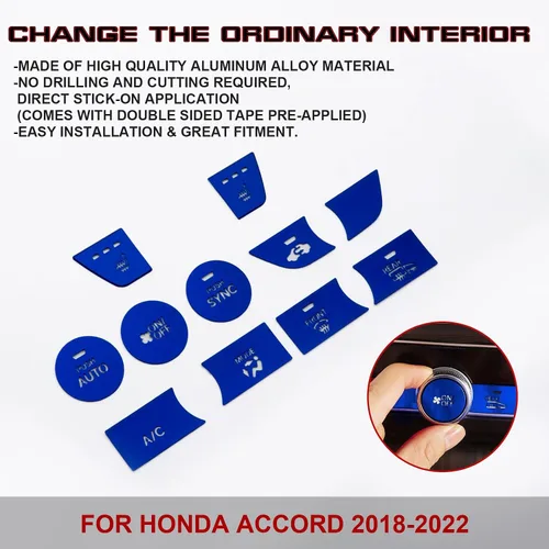 Vista 5 de x xotic tech 11 piezas de cubierta de parche para interruptor de botón de CA de consola central, aleación de aluminio azul, compatible con Honda