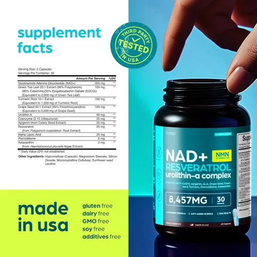Vista 6 de Suplemento NAD 8457mg Extra Strength NMN Alternativo Liposomal + Té Verde para Mujeres y Hombres con Urolitina A, Resveratrol, CoQ10, Ácido Alfa