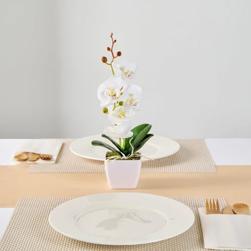 Vista 7 de Restaurantware - Orquídeas artificiales de 4 x 14 pulgadas, 12 orquídeas falsas en maceta, 5 flores, uso como centro de mesa, decoración del hogar u