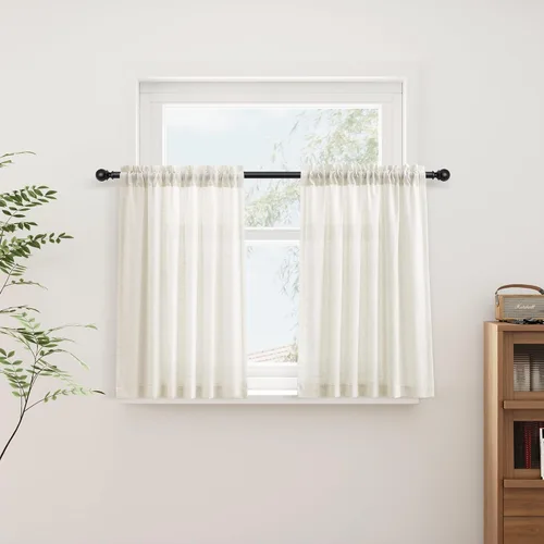 Vista 129 de Cortinas de lino verde aguamarina de 84 pulgadas de largo, juego de 2 paneles semitransparentes con bolsillo para barra para comedor, decoración