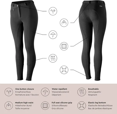 Vista 12 de HORZE Active - Pantalones de asiento completo con agarre de silicona para mujer Cintura de tiro medio con bolsillo frontal