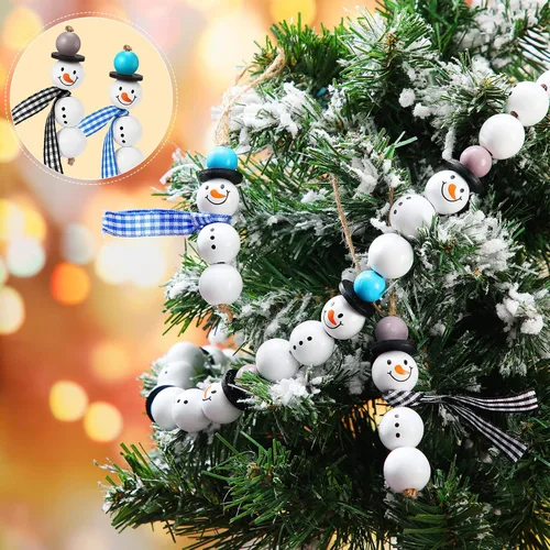 Vista 2 de 180 piezas de cuentas de madera de muñeco de nieve de Navidad con estampado de tartán de búfalo de Navidad, cuentas de madera redondas de invierno