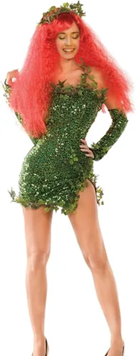 Vista 2 de Disfraz de hiedra venenosa para mujer, disfraz de Halloween, hojas falsas, lentejuelas brillantes, mini vestido con guantes, belleza letal