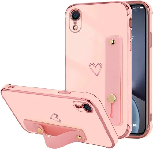 Vista 24 de LLZ.COQUE Funda compatible con iPhone 12 para mujeres y niñas, parachoques chapado de lujo con bonito diseño de corazón de amor, soporte de correa
