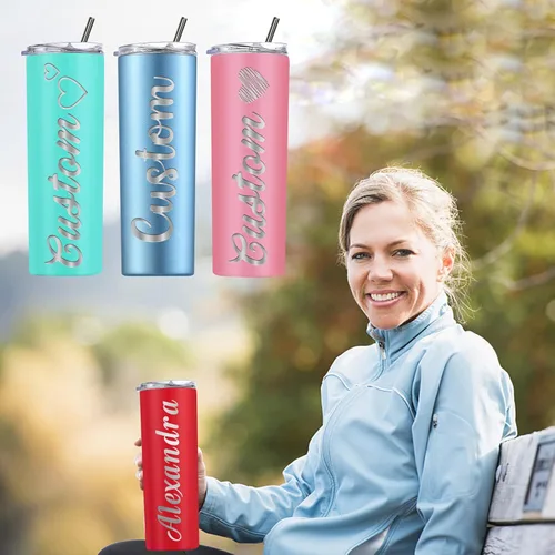 Vista 5 de Vasos delgados personalizados con tapas y pajitas, vaso delgado de acero inoxidable grabado con láser, vasos personalizados con nombre de 20 onzas