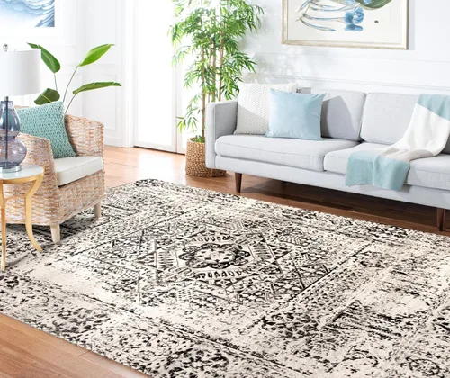 Vista 15 de SAFAVIEH Evoke Collection EVK260T Medallón oriental envejecido de 2'2" x 4', color marfil y negro, no desprende pelusa, alfombra de acento para sala