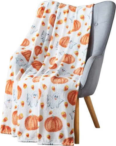 Vista 20 de Manta de forro polar de Halloween, murciélagos negros sobre fondo naranja, 50 x 70 pulgadas Ultra-soft cozy flannel fleece, for sofa couch bed