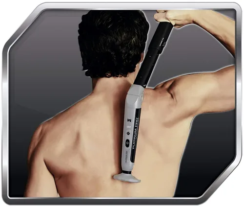 Vista 2 de Platinum Pro by MANGROOMER Nueva afeitadora de espalda con 3 cabezales flexibles de amortiguador, bisagra eléctrica, mango de alcance extremo
