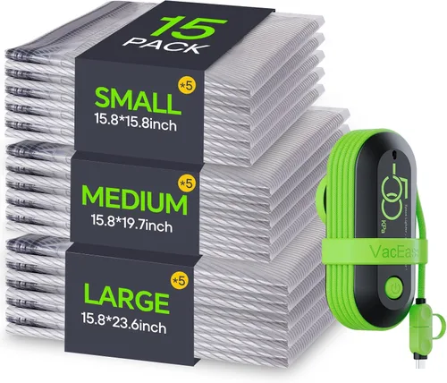 Vista 11 de 9 Pack Bolsas de Almacenamiento al Vacío de Viaje con Bomba Eléctrica USB, Bolsas de Tamaño de Equipaje de Mano de Ahorro de Espacio para Ropa