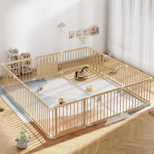 Vista 11 de Parque infantil de madera para bebés con puerta de seguridad, patio grande de 64 "x 64" para bebés Natural Pine Wood Playpen with Built-in Toys