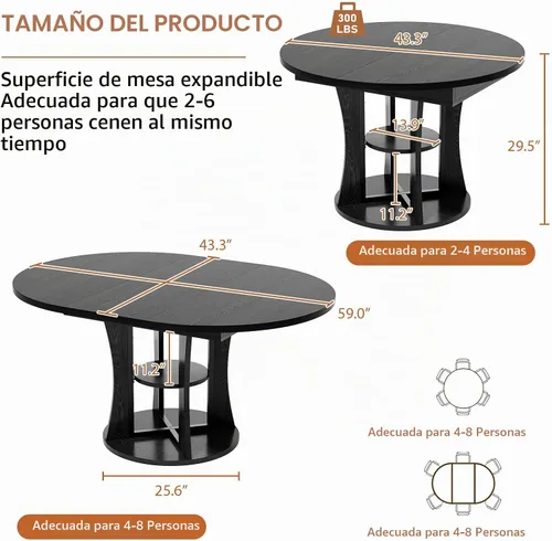 Vista 2 de Mesa de comedor redonda extensible de 43.3 a 59 pulgadas para 4 a 8, moderna mesa de comedor ovalada de cocina con estante de almacenamiento, mesa