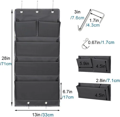 Vista 2 de Organizador de 5 bolsillos para colgar sobre la puerta y almacenamiento con ganchos, montaje en pared, suministros de oficina, carpetas de archivos