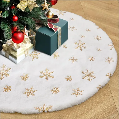 Vista 17 de Falda de árbol de copos de nieve de oro rosa de 24 pulgadas, faldas de árbol de piel sintética blanca, mini faldas de árbol de Navidad, tapete