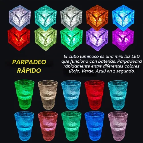 Vista 3 de Paquete de 120 cubitos de hielo iluminados, cubitos de hielo LED que brillan para bebidas con sensor de líquido, luces LED impermeables multicolor