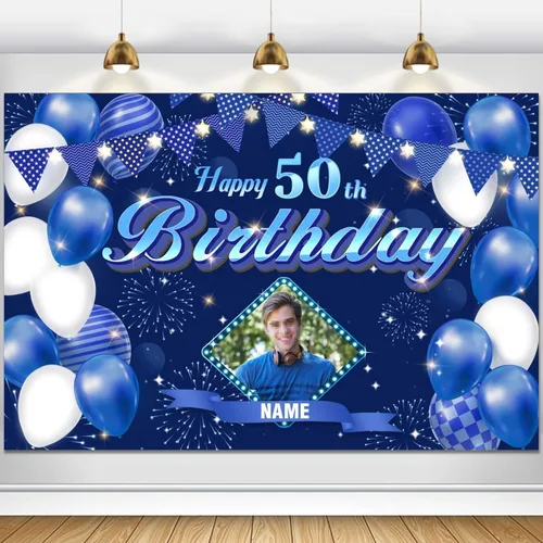 Vista 21 de Dicodes Fondo de decoración de feliz cumpleaños número 100 color azul marino personalizado, cartel con purpurina, pancarta, suministros