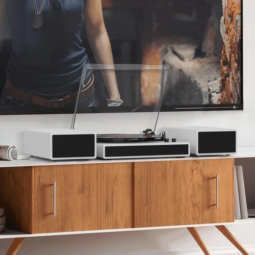 Vista 2 de Tocadiscos de vinilo con 2 altavoces estéreo externos, giradiscos con transmisión por correa y soporte Bluetooth, 3 velocidades, salida RCA