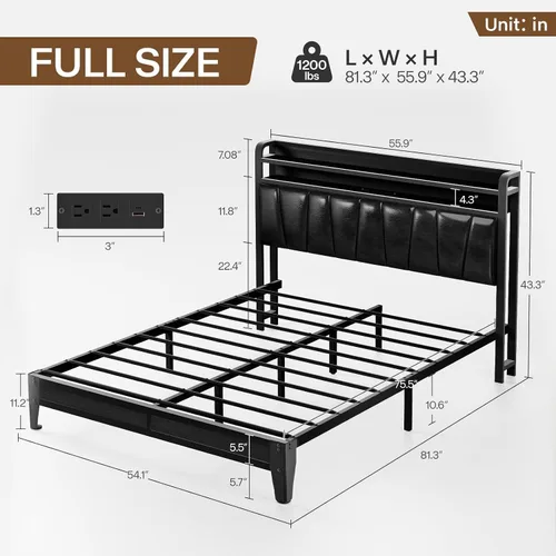 Vista 2 de Base de cama de tamaño matrimonial con estantes de almacenamiento de 2 niveles, marco de cama LED con cabecera de piel sintética, cama de plataforma