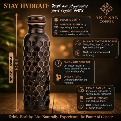 Vista 3 de Artisan - Botella de agua ayurvédica de cobre de 32 onzas, hecha a mano, 100% cobre puro, botella martillada para beber con cepillo de madera, a