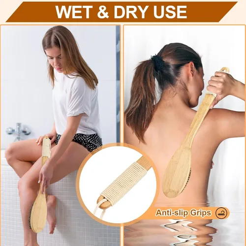 Vista 5 de eaxun Cepillo de ducha de bambú con mango largo curvado, exfoliante de espalda de 16.7 pulgadas con cerdas naturales para hombres y mujeres