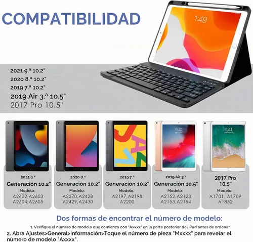 Vista 2 de LAMA Funda de teclado inalámbrico con mouse para iPad de 10.2" de 9ª, 8ª y 7ª generación, teclado Bluetooth desmontable con soporte para lápices