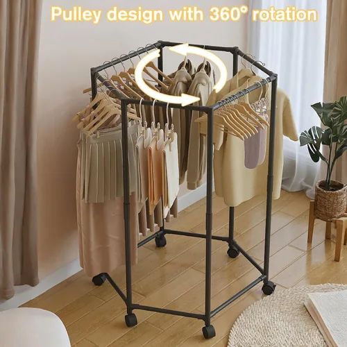 Vista 9 de Perchero con ruedas, perchero hexagonal con ruedas para colgar ropa, tendedero de ropa, almacenamiento de ropa para dormitorio, lavandería, balcón