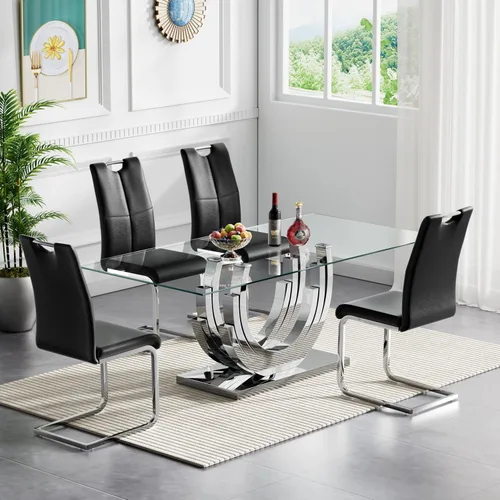 Vista 8 de Juego de mesa de comedor de cristal dorado moderno de 70 pulgadas para 4, juego de mesa rectangular de 5 piezas con base de acero en forma de anillo