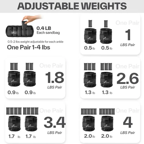 Vista 4 de Sportneer Adjustable Ankle/Wrist Weights for Men Women Kids, Weighted Leg & Cuff Strength Training for Yoga Walking Running Aerobics Gym Fitness