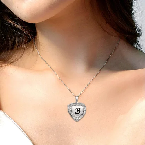 Vista 4 de KunBead Collar con dije de corazón con inicial para mujer con piedra natal que sostiene fotos para la familia, Metal, vidrio