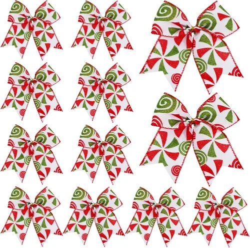 Vista 7 de DIYDEC 12 lazos ornamentales de Navidad de 6.3 pulgadas, lazos grandes para corona de Navidad, rojo y verde, lazos para árbol de Navidad con puntos
