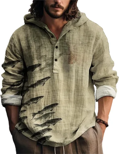 Vista 8 de MARSVOVO Camisa con capucha para hombre, vintage, retro, de 3 botones, manga larga, ligera, ligera, a la moda, casual, para uso diario, primavera