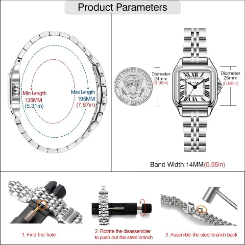 Vista 6 de Classic Relojes cuadrados de mujer con números romanos, de vestir, informal